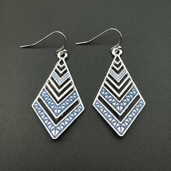 Silver with Blue Enamel Boho Tribal Rhombus Chevron Dangling Drop Hook Earrings - Picture 2 of 9